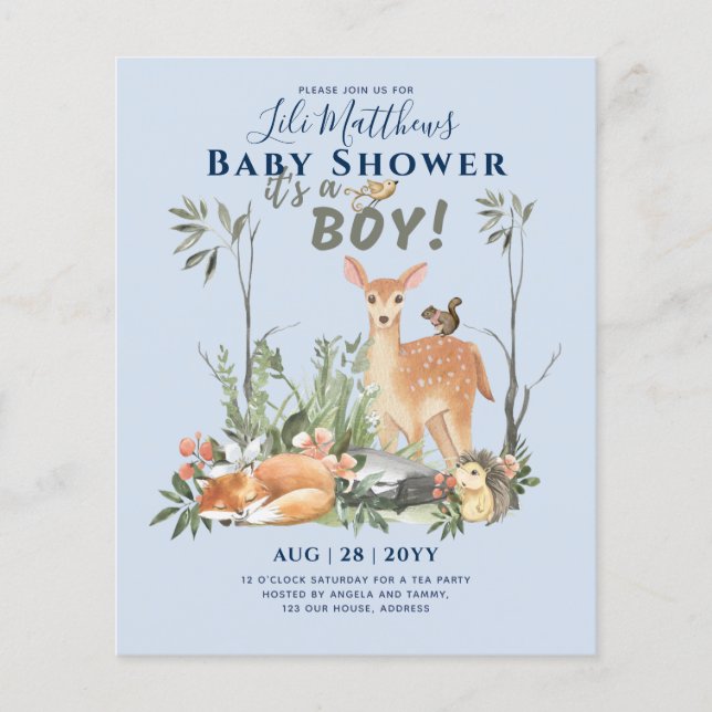 Flyer Boys Woodland Animals Forest Baby Shower invita (Frente)