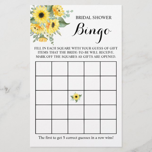 Flyer Bridal Shower Bingo Greenery Sunflower Game Card (Frente)