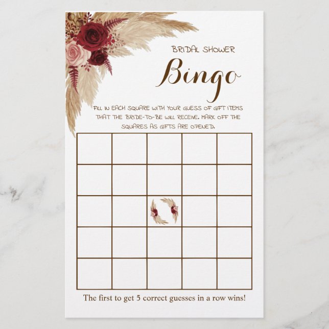 Flyer Bridal Shower Bingo Pampas Grasa Tarjeta de juego (Frente)