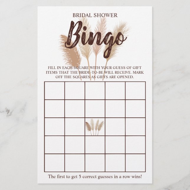Flyer Bridal Shower Bingo Pampas Grasa Tarjeta de juego (Frente)