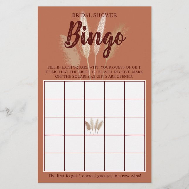 Flyer Bridal Shower Bingo Pampas Grasa Tarjeta de juego (Frente)