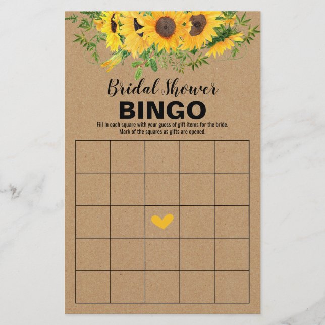 Flyer Bridal Shower Games Rústico Sunflowers Bingo Card (Frente)