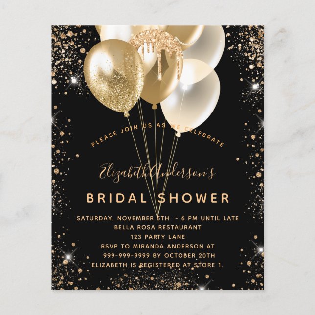Flyer Bridal Shower purpurina de oro negro presupuesto d (Frente)