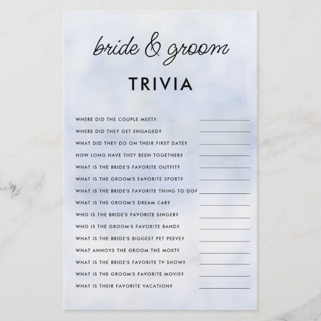 Flyer Bride Groom Trivia Cloud 9 Bridal Shower Elegante (Frente)