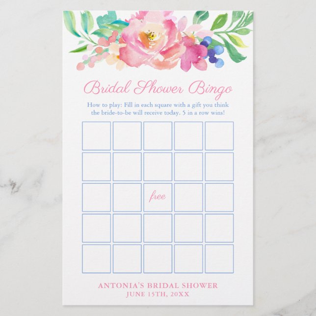Flyer Bright Summer Floral Bridal Shower Bingo Game Card (Frente)