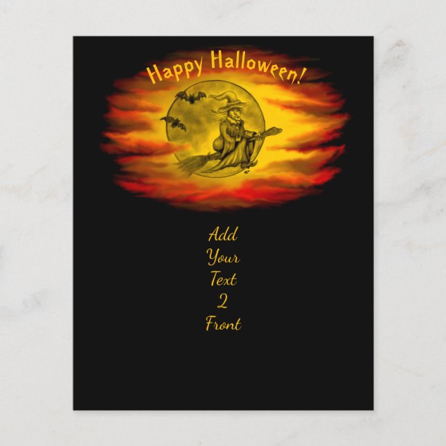 Flyer Bruja voladora con gato negro, noche de halloween (Frente)