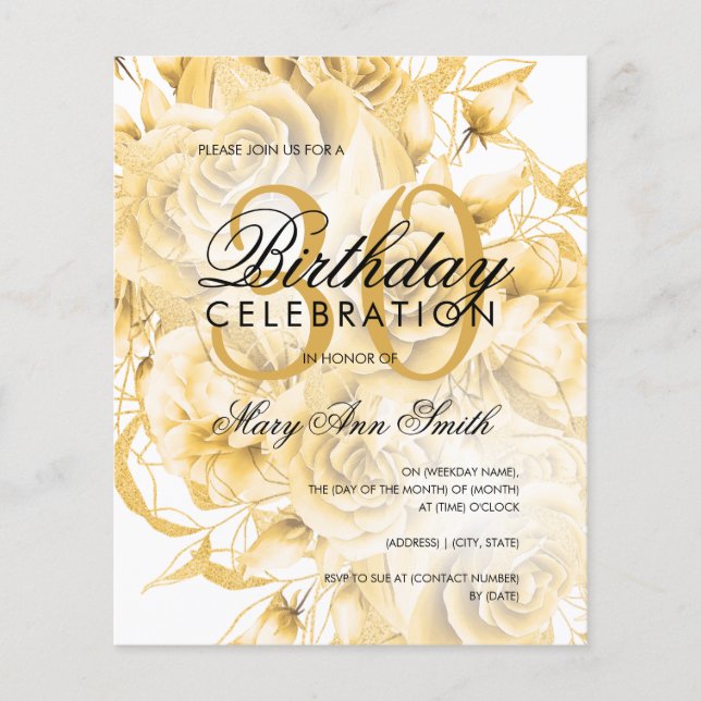 Flyer Budget 30th Birthday Floral Gold Invite  (Frente)
