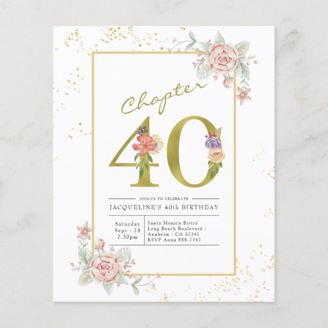 Flyer Budget 40th Birthday Floral Gold Script Invitation (Frente)