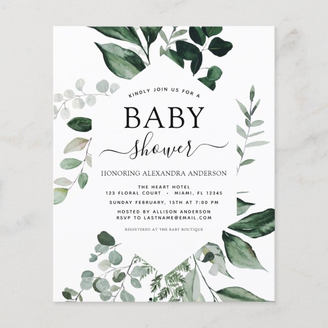 Flyer Budget Baby Shower Greenery Botanical Invitation (Frente)