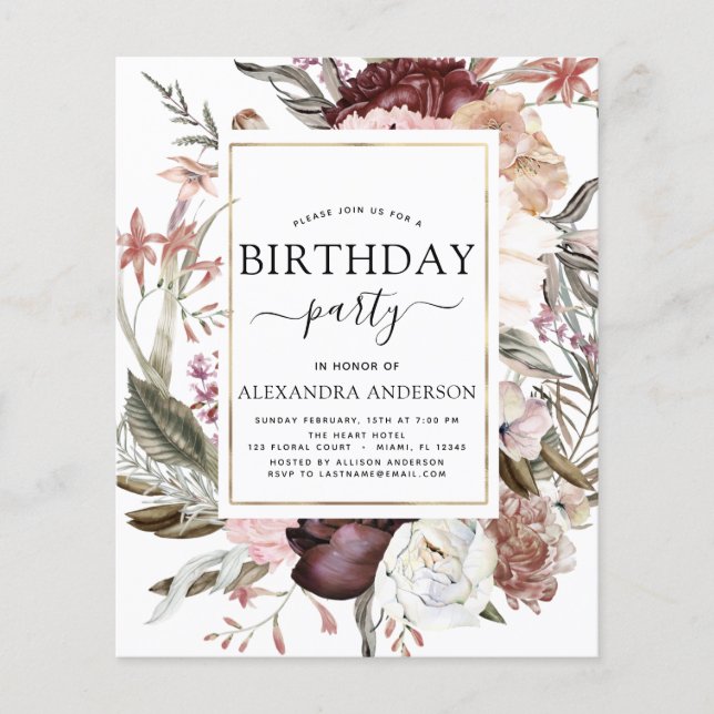 Flyer Budget Boho Burgundy Any Age Birthday Invitation (Frente)