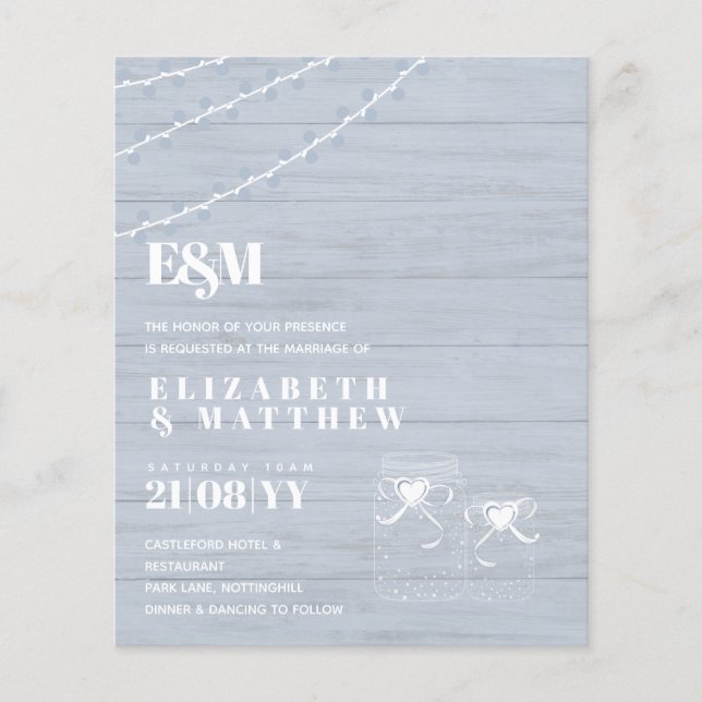 Flyer BUDGET BOHO Dusty Blue Driftwood MasonJars Boda (Frente)