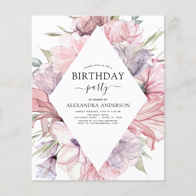 Flyer Budget Boho Purple Any Age Birthday Floral (Frente)