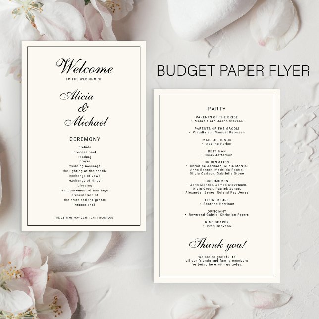 Flyer Budget elegant simple black ivory wedding program (Subido por el creador)