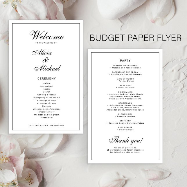Flyer Budget elegant simple black white wedding program (Subido por el creador)