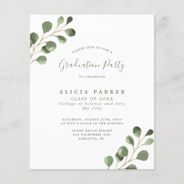 Flyer Budget eucalyptus graduation party invitation (Frente)