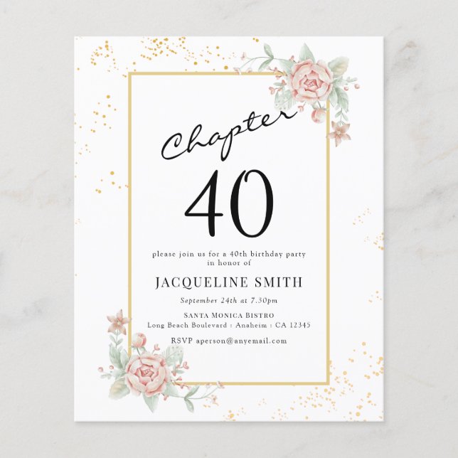 Flyer Budget Floral 40th Birthday Invitation (Frente)