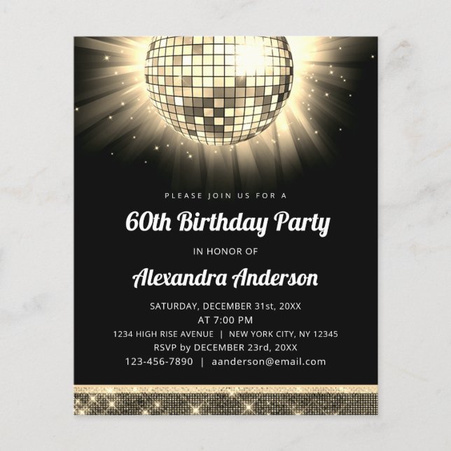 Flyer Budget Gold 60th Birthday Party Disco Ball de los  (Frente)