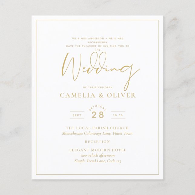 Flyer Budget Gold White Elegant Wedding Invitation  (Frente)