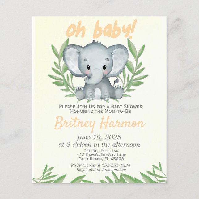 Flyer Budget Greenery Elephant Neutral Baby Shower (Frente)