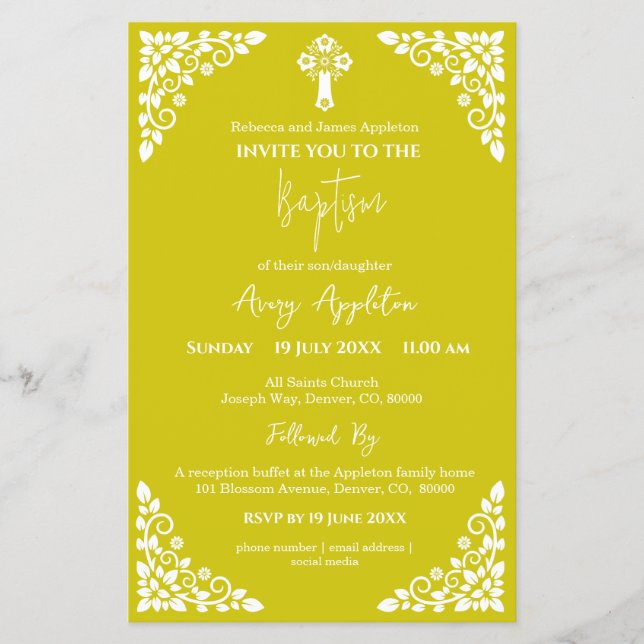 Flyer Budget Invitation Floral Cross Baptism Yellow (Frente)