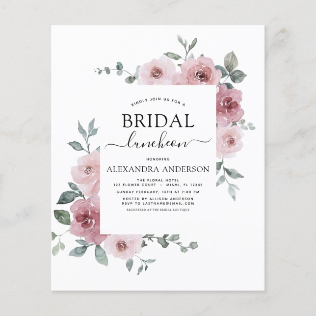 Flyer Budget Luncheon Dusty Rosa Pink Bridal Shower (Frente)