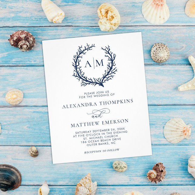 Flyer Budget Nautical Wedding Coral Reef White Navy (Subido por el creador)