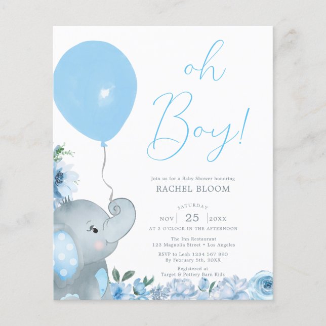 Flyer Budget Oh Boy Blue Elephant Baby Shower (Frente)