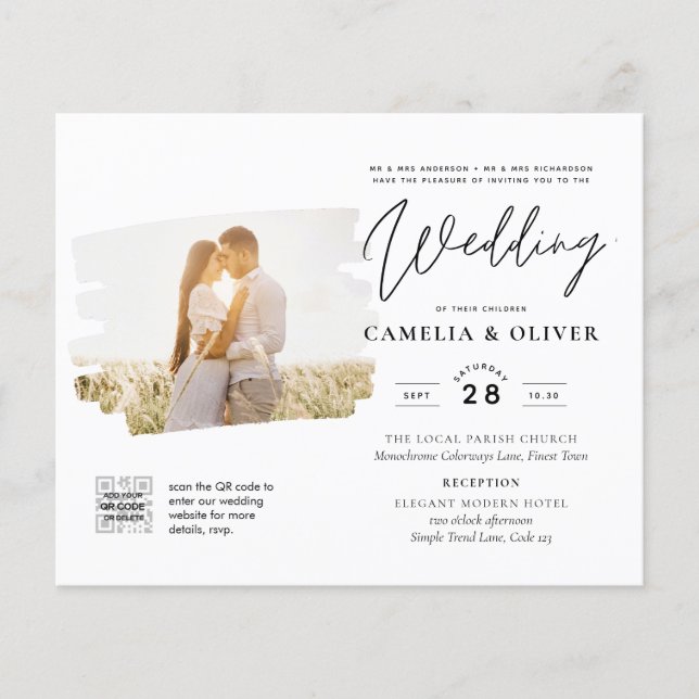 Flyer BUDGET PHOTO QR CODE Wedding Invite RSVP Details (Frente)