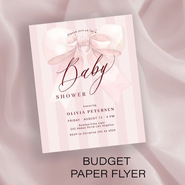 Flyer Budget pink bow girl baby shower invitation (Subido por el creador)