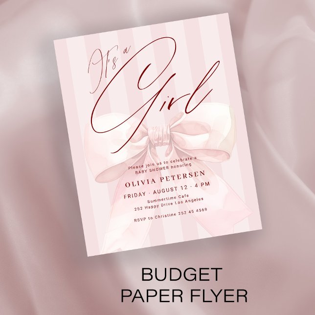 Flyer Budget pink bow its a girl baby shower invitation (Subido por el creador)