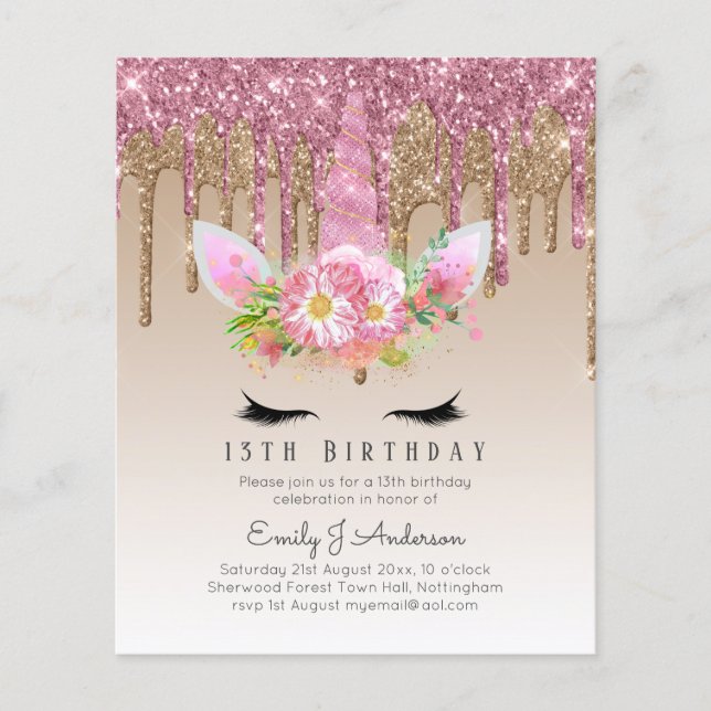 Flyer BUDGET Pink Glitter Unicorn Girls Birthday Invites (Frente)