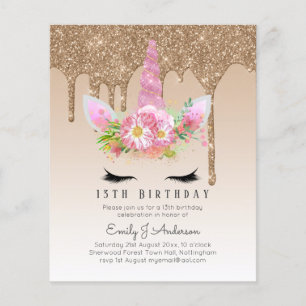 Flyer BUDGET Pink Glitter Unicorn Girls Birthday Invites