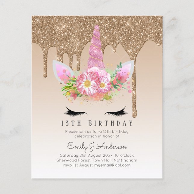 Flyer BUDGET Pink Glitter Unicorn Girls Birthday Invites (Frente)