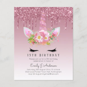 Flyer BUDGET Pink Glitter Unicorn Girls Birthday Invites