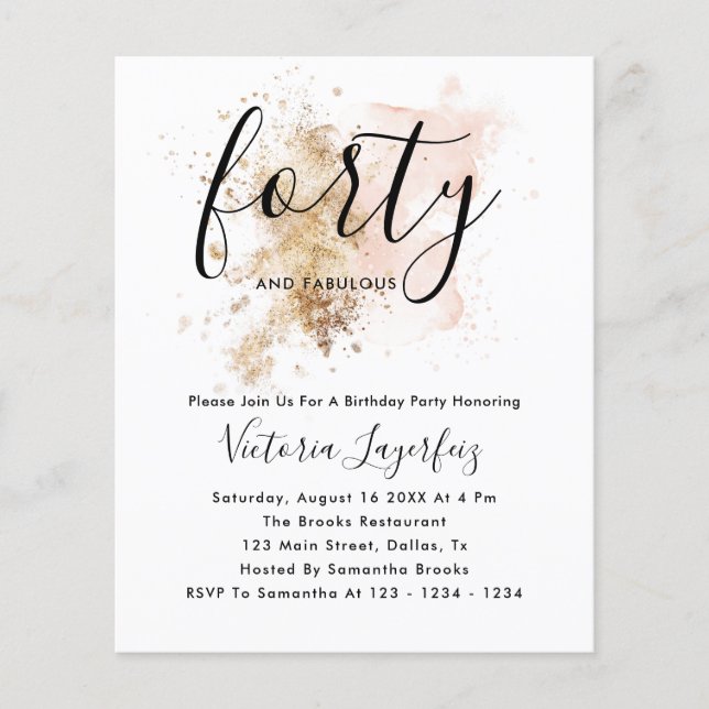 Flyer Budget Pink & Gold 40th Birthday Invitation (Frente)