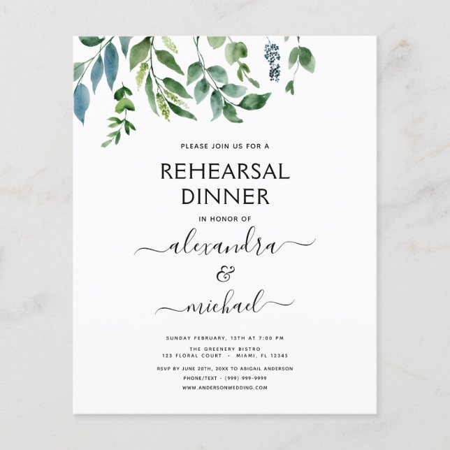 Flyer Budget Rehearsal Dinner Foliage Greenery Elegant (Frente)