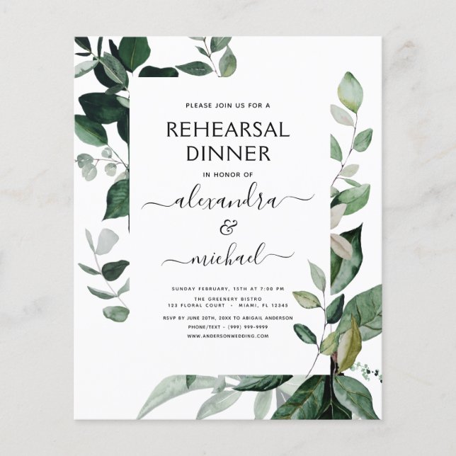 Flyer Budget Rehearsal Dinner Foliage Greenery Elegant I (Frente)