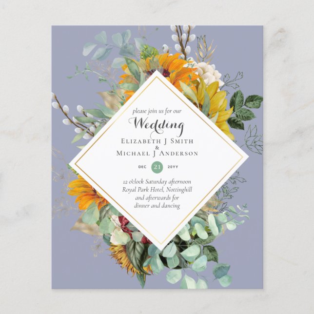 Flyer Budget Sun Flowers Greenery WEDDING Invitations (Frente)