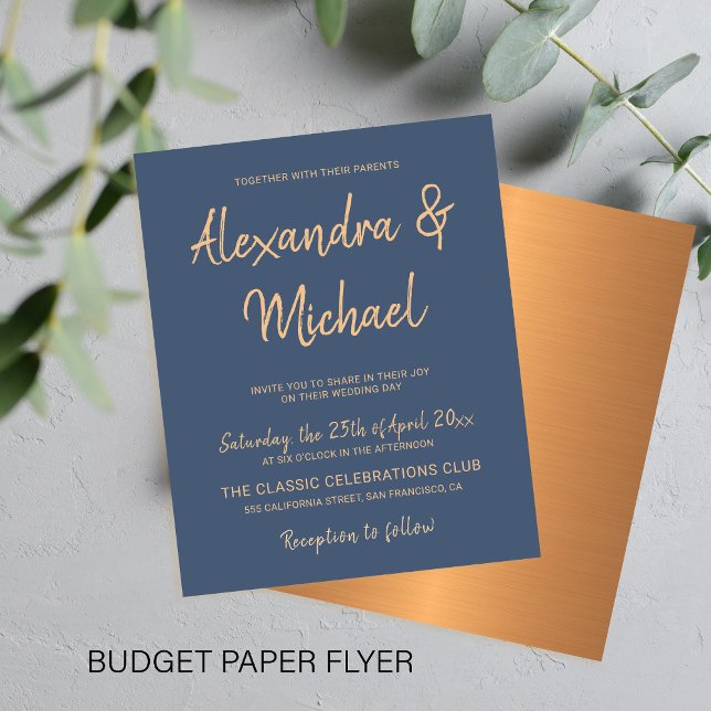 Flyer Budget typography navy copper wedding invitation (Subido por el creador)
