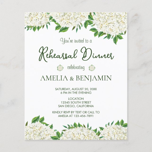 Flyer Budget White Hydrangea Rehearsal Dinner Invitation (Frente)