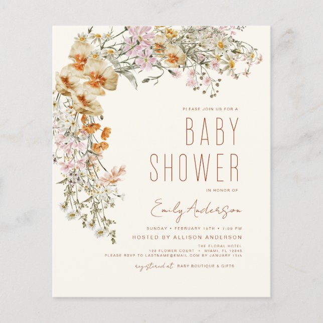 Flyer Budget Wildflower Boho Baby Shower Terracotta (Frente)