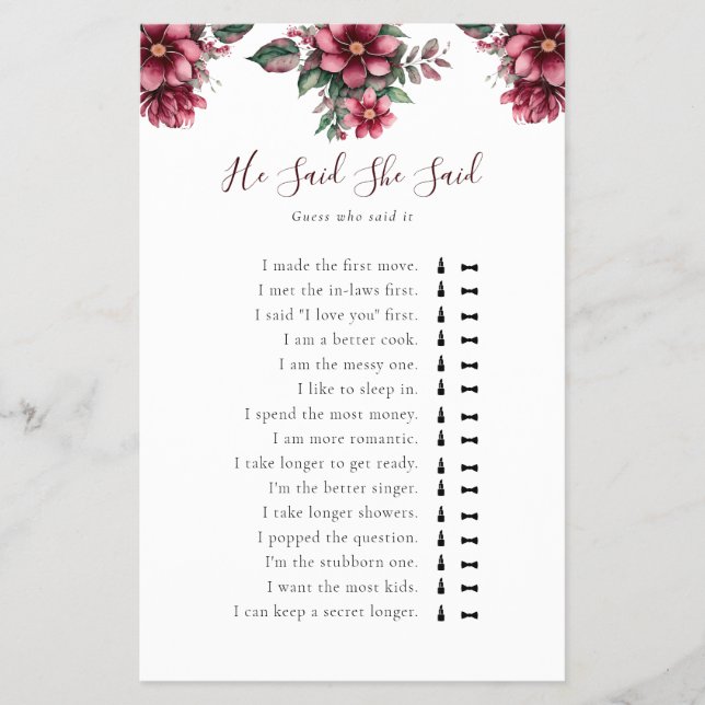 Flyer Burgundy Bridal Shower Dijo Que Dijo Juego (Frente)