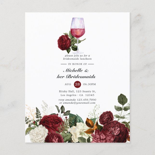Flyer Burgundy Floral Wine Tasting Bridesmaids Luncheon (Frente)