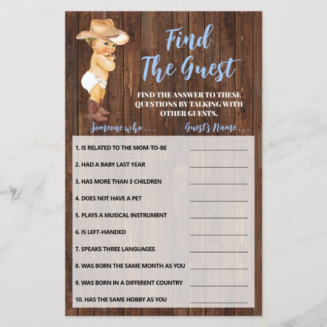Flyer Buscar la tarjeta de juego Baby Shower de Cowboy i (Frente)