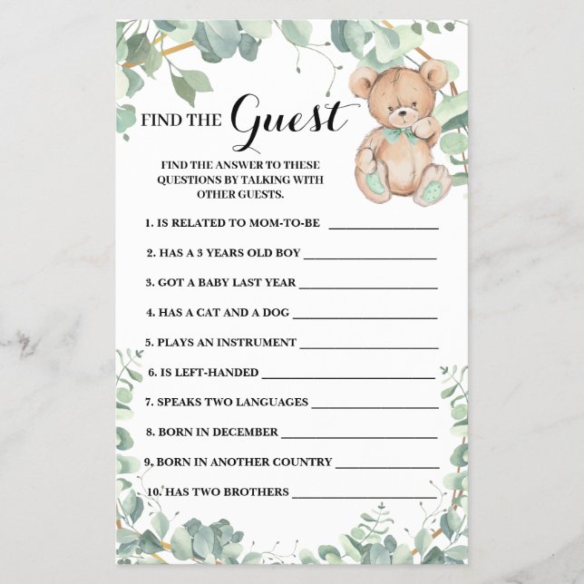 Flyer Buscar la tarjeta de juego Baby Shower Guest Bear  (Frente)