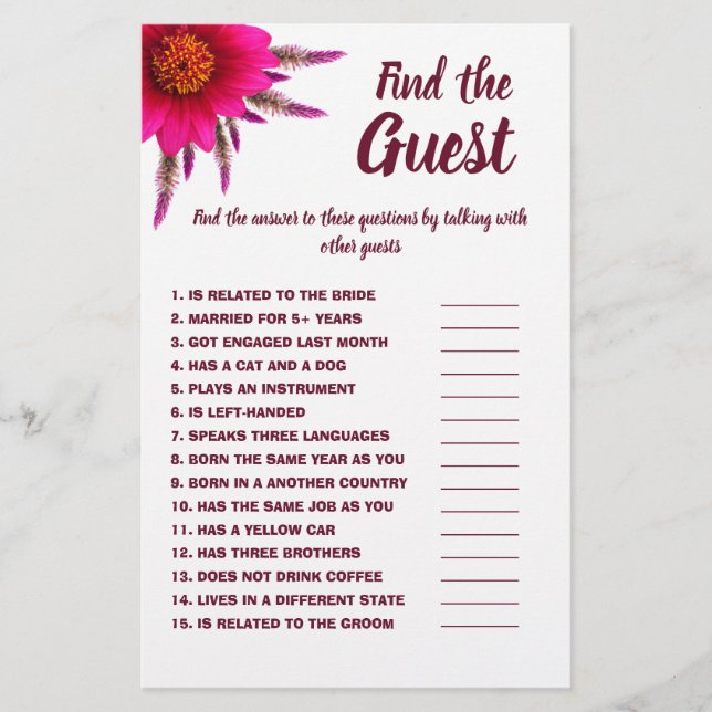 Flyer Buscar la tarjeta de juego Guest Bridal Shower Gam (Frente)