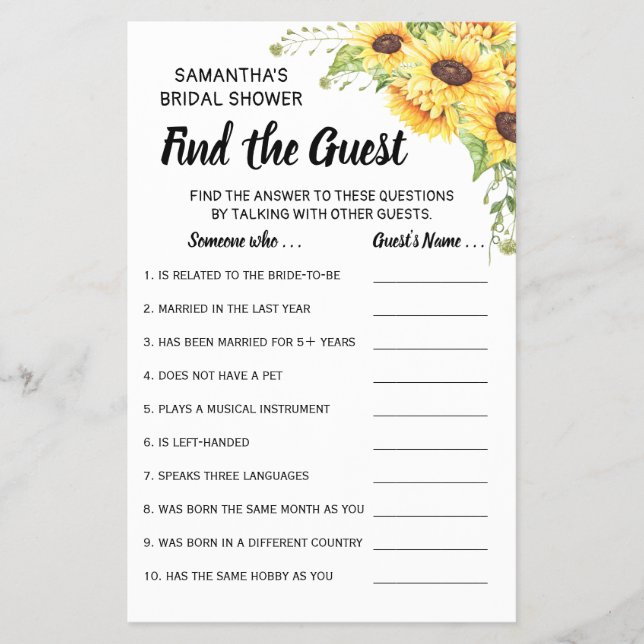 Flyer Buscar la tarjeta de juego Guest Sunflowers Bridal (Frente)