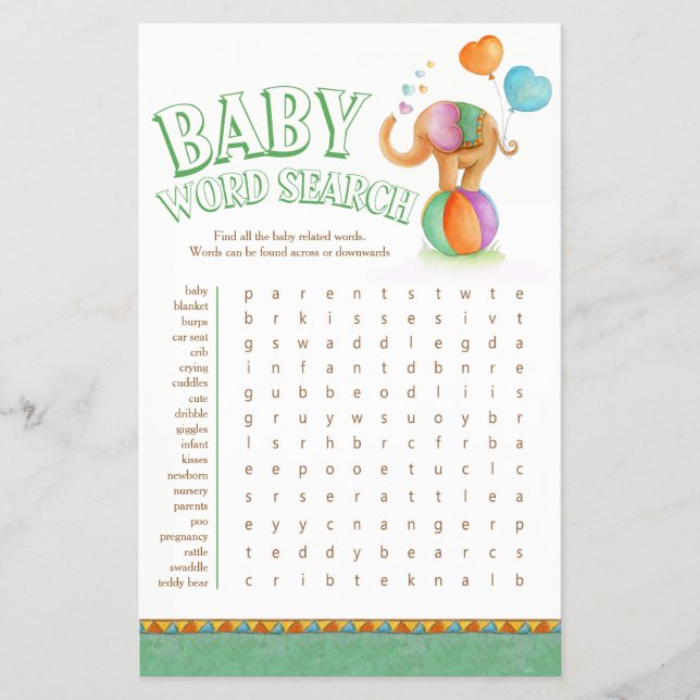 Flyer Búsqueda de palabras para bebé elefante de bebé (Frente)