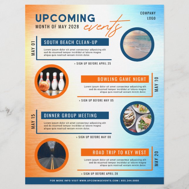 Flyer Calendario azul y Naranja Próxima foto (Frente)