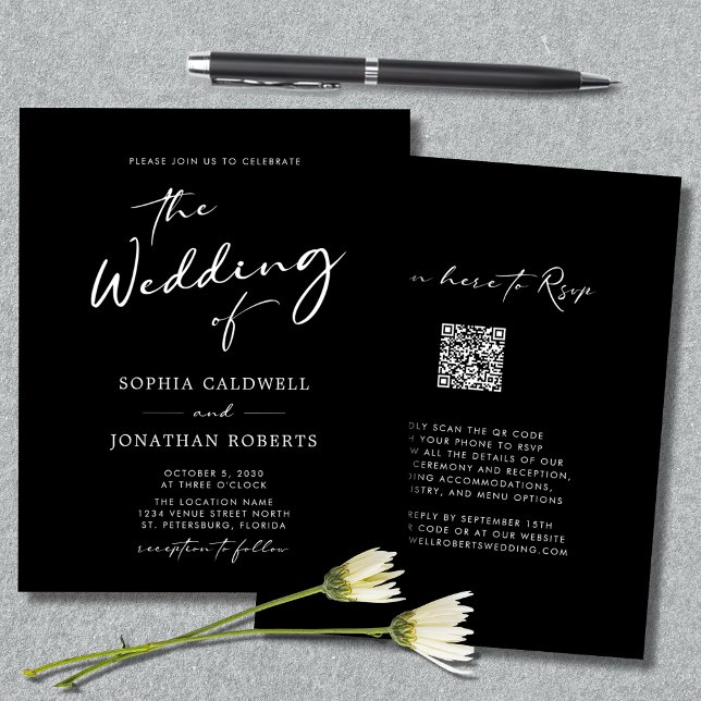 Flyer Caligrafía de código QR de presupuesto Boda blanco (Budget QR Code Modern Calligraphy Black and White Wedding Invitation Flyer)